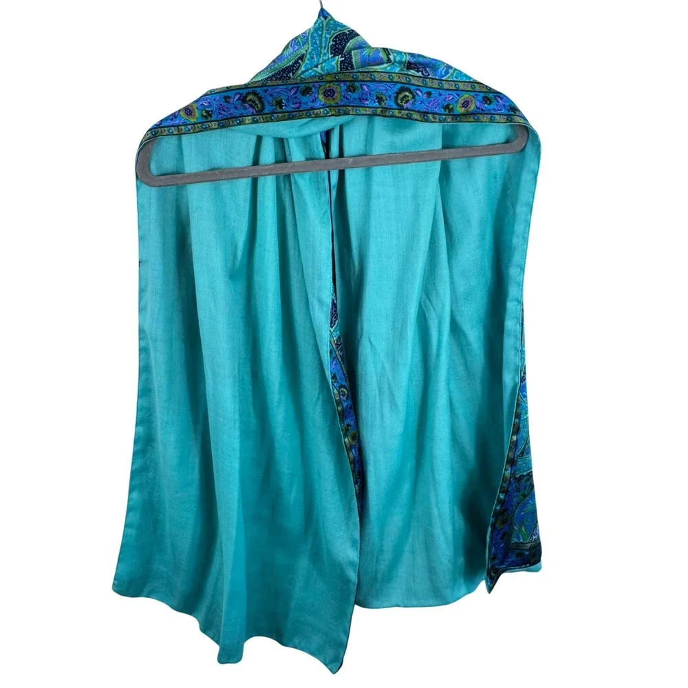 Teal‎ Turquoise Paisley Satin Wrap Scarf Bohemian Floral Border Shawl Stole